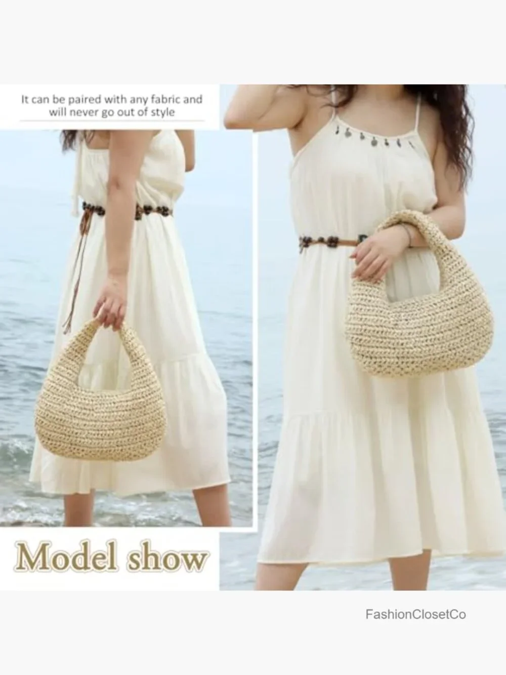 Handwoven Straw Crescent Hobo Tote Beach Summer Bag